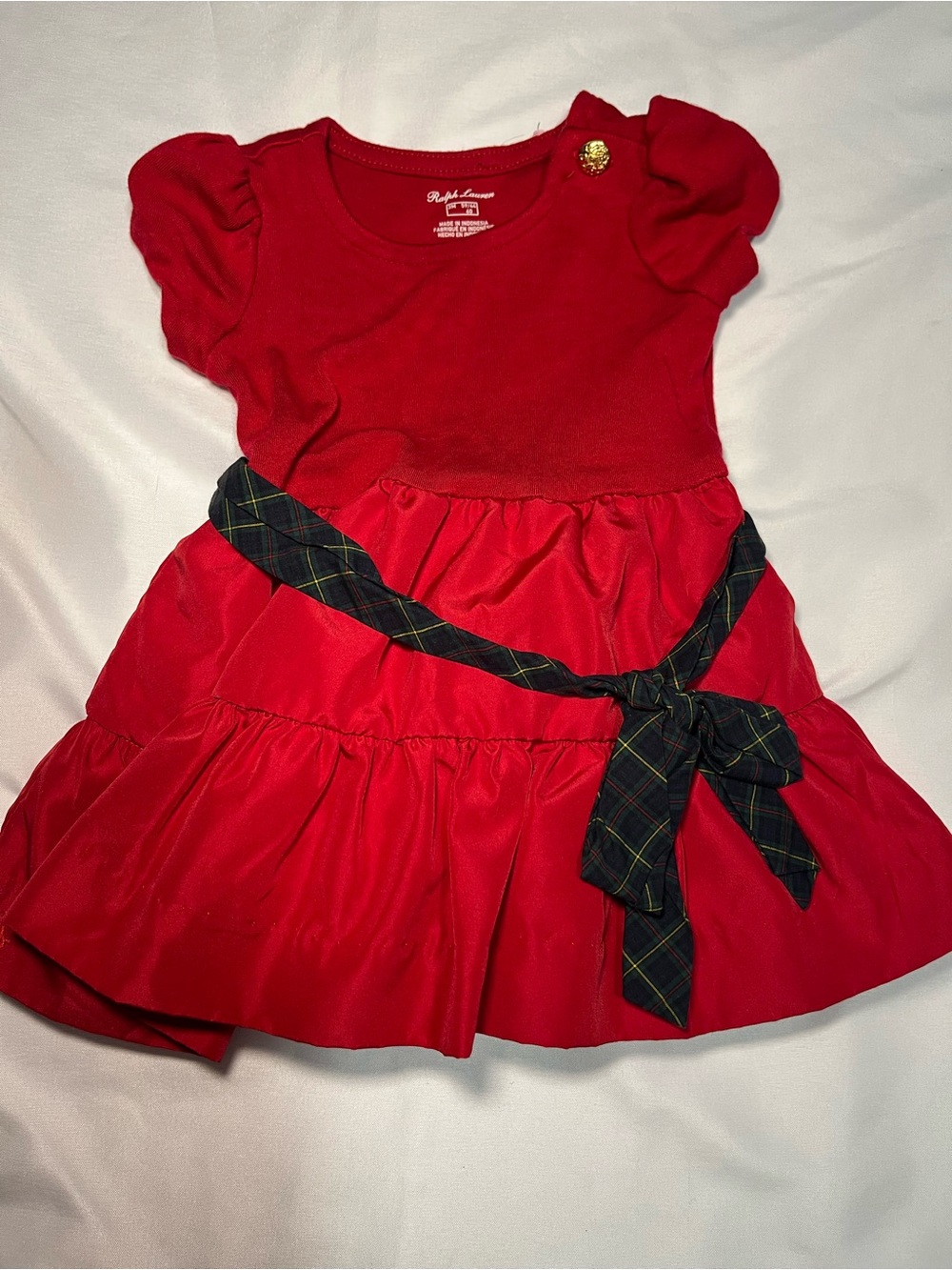 Ralph Lauren Girls Red Holiday Dress with Plaid Tie Belt – Size 3 Months